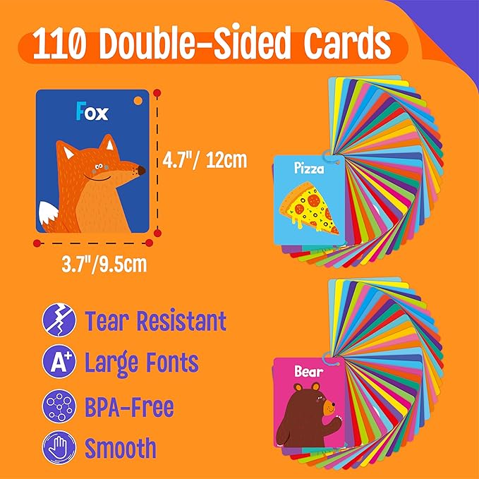 110 PCS Early Learning Flashcards, Double Sided Cards- Alphabet, Numbers, Foods, Animals, Shapes, Colors, Home Object with 4 Reclosable Rings, Learning Tool for Pre-K Kindergarten Toddlers