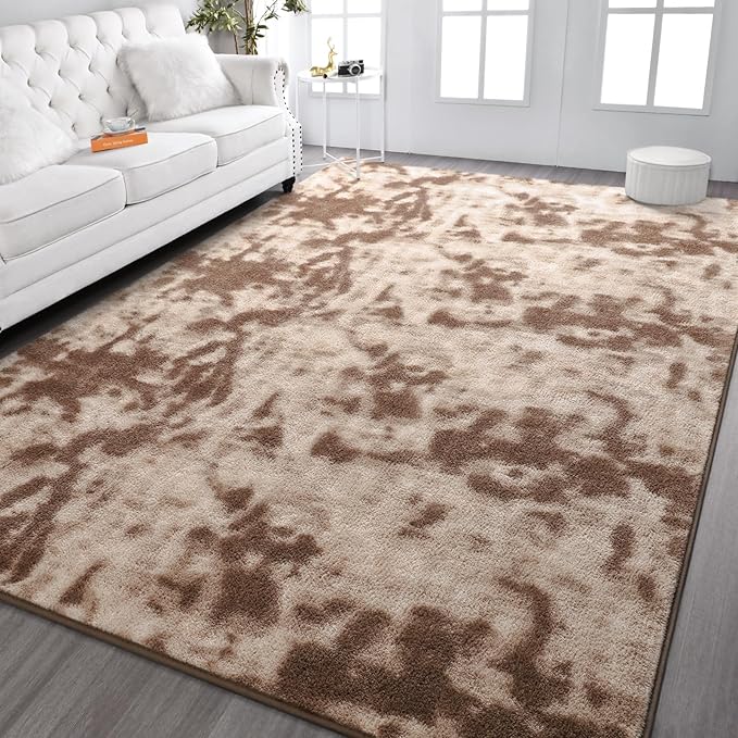 Kimicole 7x10 Washable Area Rugs for Living Room Bedroom, Large Low Pile Ulta-Thin Solid Color Rug, Non-Slip Soft Fluffy Carpet for Nursery Kids Room Dorm Room Home Decor (Brown)