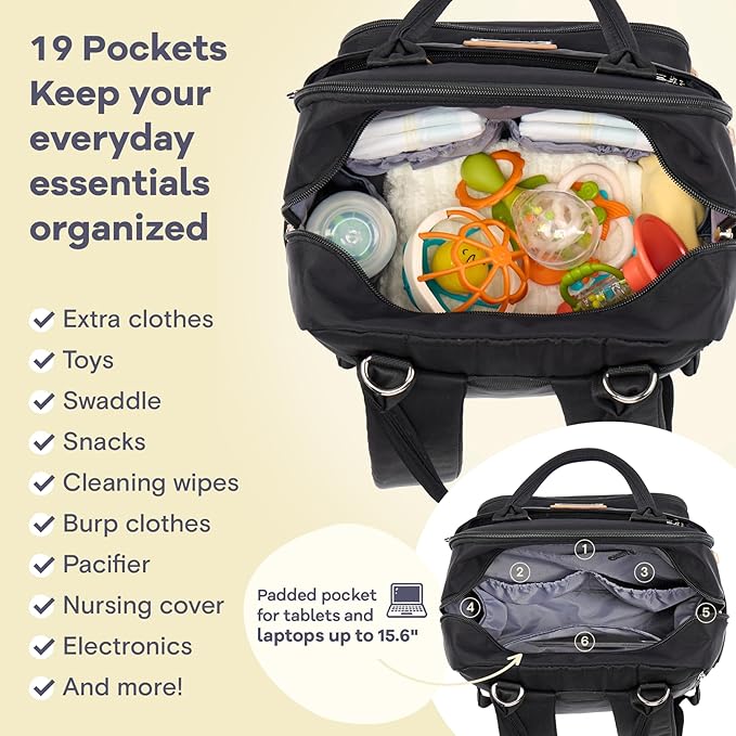 RUVALINO Diaper Bag Backpack-Expandable Baby Bag with up to 50% Capacity -Baby Essentials Bag with Changing Pad Insulated Bottle Holders & Pacifier Case, Waterproof, Black XL
