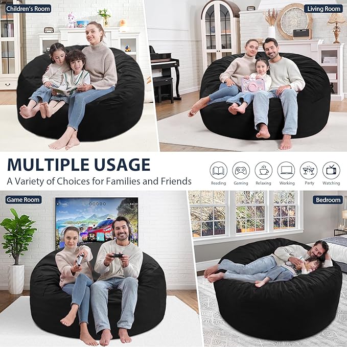 5FT Bean Bag Chair, Large Bean Bag Chairs with Memory Foam Filled, Fluffy Beanbag Sofa with Dutch Velvet Cover, Round BeanBag Chairs for Living Room, Playroom - Black
