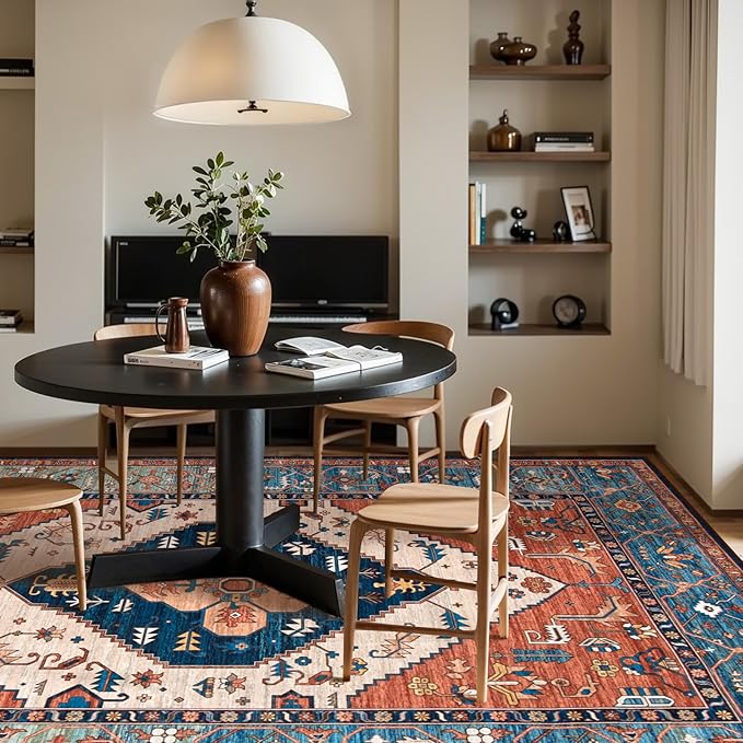 Lahome Area Rugs 9x12 Living Room - Boho Non-Slip Washable Rug Ultra-Thin Stain Resistant Large Carpet Throw Non Shedding Dining Room Mat, Oriental Print Carpet for Bedroom Guest Room (Rust, 9'x12')
