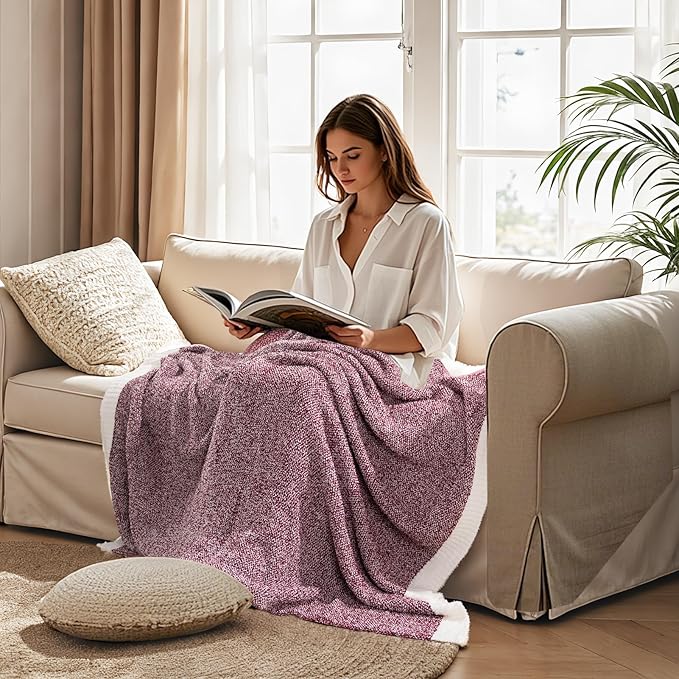 NEXHOME PRO Soft Twin Blankets for Couch, Reversible Warm Blankets Cozy Knit Blanket for Women, Fuzzy Plush Lightweight Throws for Sofa, Bed, Picnic, Wine 60 x 80 inches