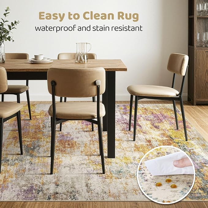 9x12 Area Rugs Living Room: Machine Washable Large Abstract Modern Soft Rug Stain Resistant Indoor Floor Non Slip Accent Carpet for Bedroom Nursery Playroom Office Dining Room Dorm- Gold Colorful