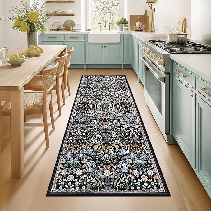 Runner Rug for Entryway: 2.6x8 Kitchen Rugs Non Slip Washable Ultra-Thin Soft Floral Carpet Indoor Stain Resistant Carpets for Hallway Bedroom Kitchen Laundry Bathroom Dorm Dark Black