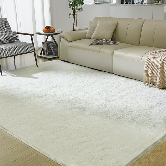5X8 Ultra Soft Rug for Living Room, Fluffy Shag Area Rug for Bedroom, Modern Shaggy Carpets Fuzzy Rug for Teens Dorm Nursery Home Decor Aesthetic, Upgrade Anti-Skid Durable, Cream White