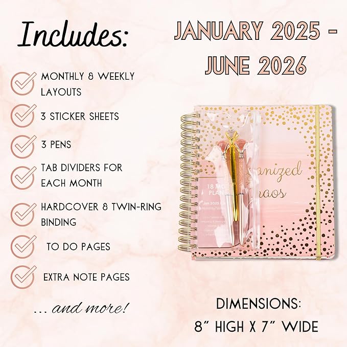 2025-2026 Monthly Large Planner- Daily, Weekly & Monthly Organizer with 3 Pens & Stickers - Organized Chaos Pink, January 2025 to June 2026, Stylish & Durable