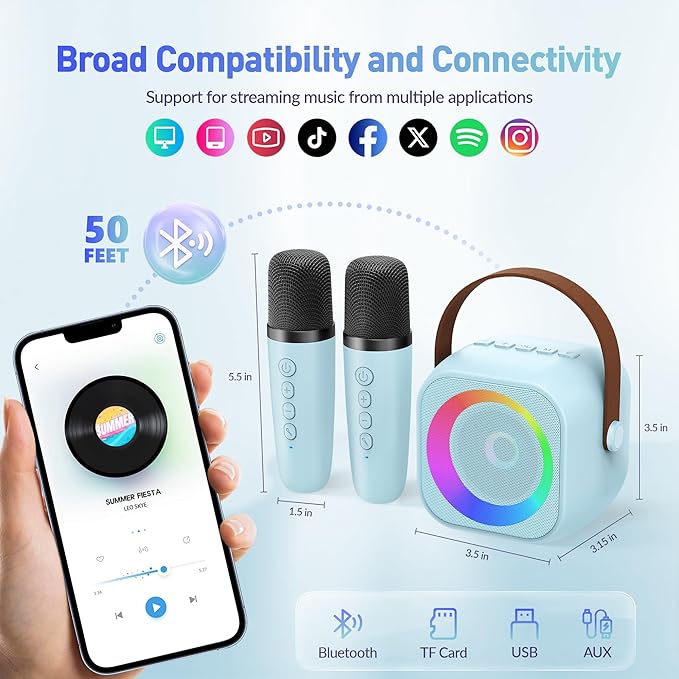 Karaoke Machine, Portable Bluetooth Speaker with 2 Wireless Microphones for Kids, Karaoke Toys Gifts Toys for Girls Boys Family Home Party (Blue)