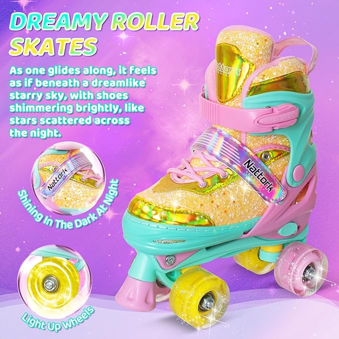 Nattork Kids Roller Skates for Girls Kids, 4 Sizes Adjustable Girls Roller Skates for Ages 3-12 with Light up Wheels & Safety Protection - Cool Birthday Gift for Indoor Outdoor Sports