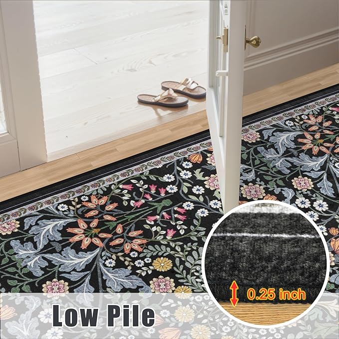Runner Rug for Entryway: 2.6x8 Kitchen Rugs Non Slip Washable Ultra-Thin Soft Floral Carpet Indoor Stain Resistant Carpets for Hallway Bedroom Kitchen Laundry Bathroom Dorm Dark Black