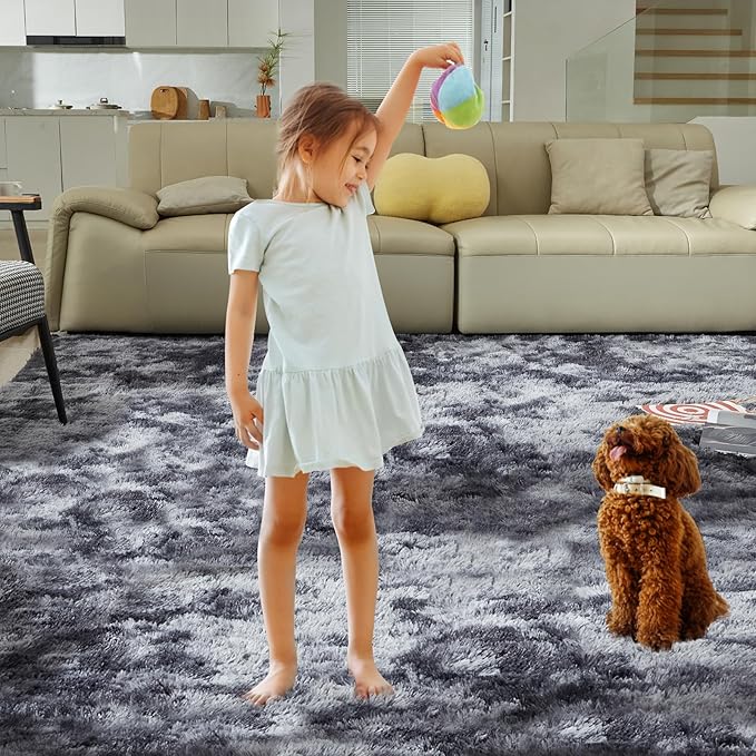 Ultra Soft Rug for Living Room, 9X12 Fluffy Shag Area Rug for Bedroom, Modern Shaggy Carpets Fuzzy Rug for Teens Dorm Nursery Home Decor Aesthetic, Upgrade Anti-Skid Durable, Tie Dye Black and Grey