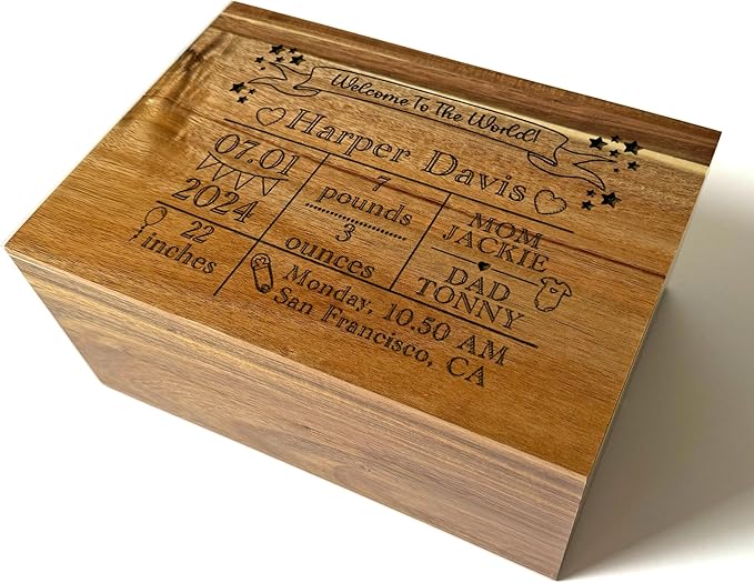 Custom Baby Gift Birth Stats - Newborn Keepsake Box for Memories - Custom Engraved Gift for Boy or Girl - New Born Memorabilia Boxes - Welcome to the World Memory Chest Baby Shower - 11 x 8 x 4.75 in