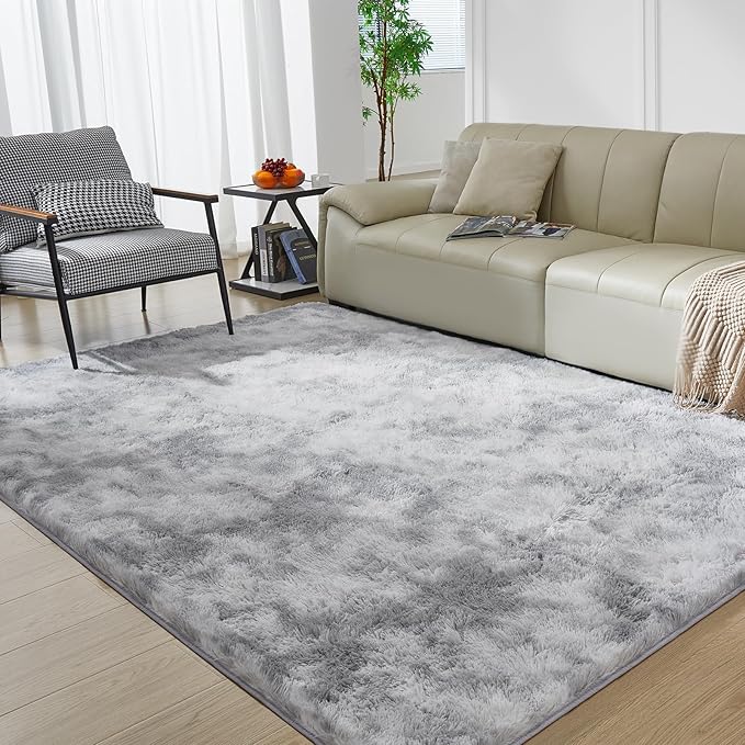 Ultra Soft Rug for Living Room, 8X10 Tie-Dyed Light Grey Fluffy Shag Area Rug for Bedroom, Modern Shaggy Carpets Fuzzy Rug for Teens Dorm Nursery Home Decor Aesthetic, Upgrade Anti-Skid Durable