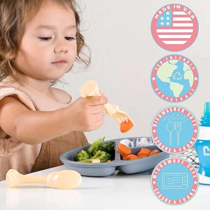 Made in USA Spoon la la Toddler Utensils Set (2 Pack) & Board Book - Spoon & Fork for Kids, Self-Standing 3D Ergonomic Cat & Dog Handles, BPA-free, Dishwasher Safe Baby Silverware (Yellow)