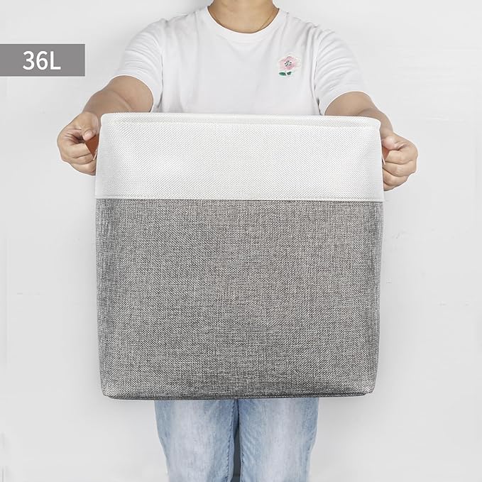 13x13 Cube Storage Bins, Collapsible Fabric Storage Box, 4 Pack Closet Baskets with Handles for Organizing, Shelf, Toys, Clothes, Home, Office, Nursery (Grey&White)