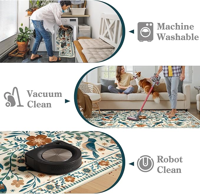 Moynesa Washable 3x5 Rug, Non Slip Kitchen Rugs Boho Bird Small Beige Living Room Area Carpet for Office Bedroom Bathroom, Indoor, Ultra Thin, Soft, Stain Resistant, Floral Entryway Mat