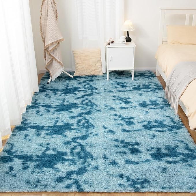 Area Rugs 9x12, Fluffy Rugs for Living Room, Ultra Soft Rugs for Bedroom, Non-Slip Indoor Carpet for Nursery, Kids Room, Playroom, Home Decor, Tie-Dyed Blue