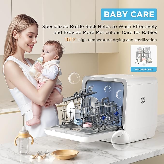Midea MDC17P4CWW Portable Countertop Mini 5L Built-in Water Tank, Baby Care, No Hookup Needed, 360° Dual Spray,High-Temp wash, Dishwasher for Apartments& RVs, White, Whole