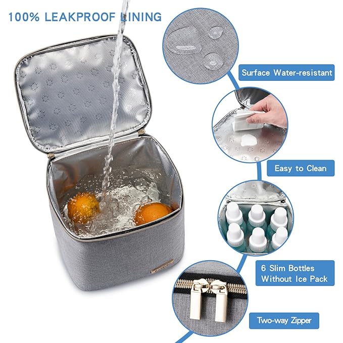 Breast Milk Cooler Bag with Ice Pack Fits 4 Baby Bottles Up to 9 Ounce, Baby Bottle Bag for Nursing Mom Daycare, Grey