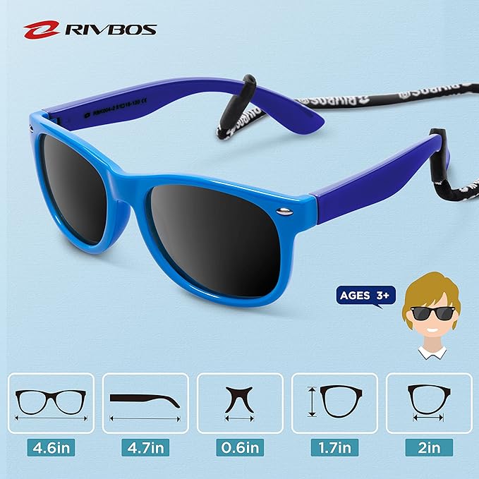 RIVBOS Kids Sunglasses Polarized UV Protection Flexible Rubber Glasses Shades with Strap for Boys Girls RBK004