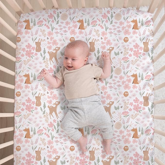 The Peanutshell 3 Piece Baby Crib Bedding Set for Girls - Newborn, Infant & Toddler Nursery Bed Set Decor with Fitted Crib Sheet, Dust Ruffle Comforter - Fairytale Forest