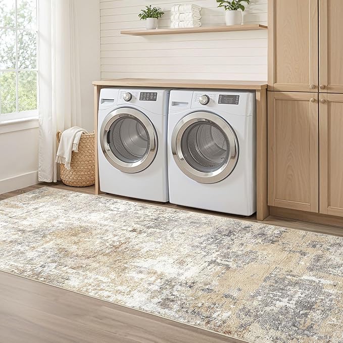 Runner Rug Kitchen Washable Rugs: 2x6 Non-Slip Abstract Soft Modern Stain Resistant Indoor Floor Neutral Accent Throw Carpet for Hallway Bathroom Laundry Room Entryway Bedroom- Gray Gold