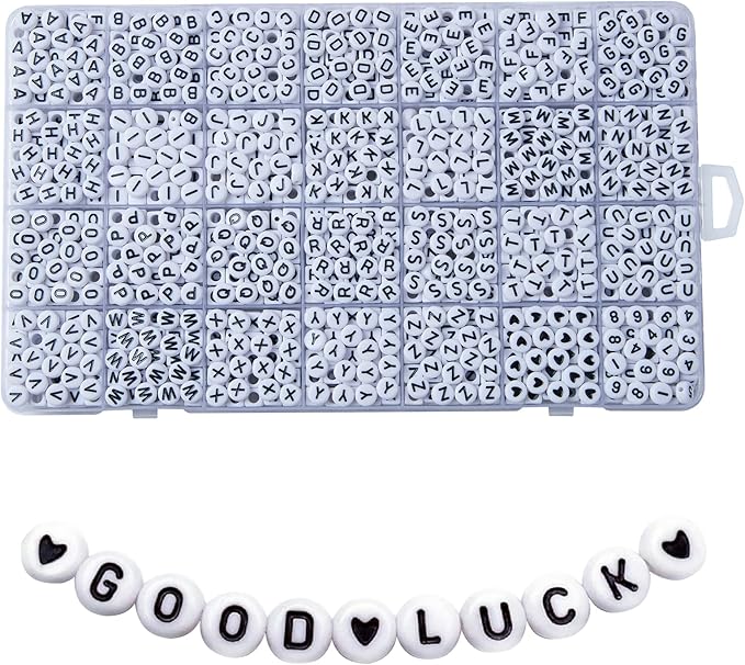 1400pcs Letter Beads, 4x7 mm Acrylic Alphabet Beads, Beads for Jewelry and Bracelet Making, in 28 Grid Box (White and Black)