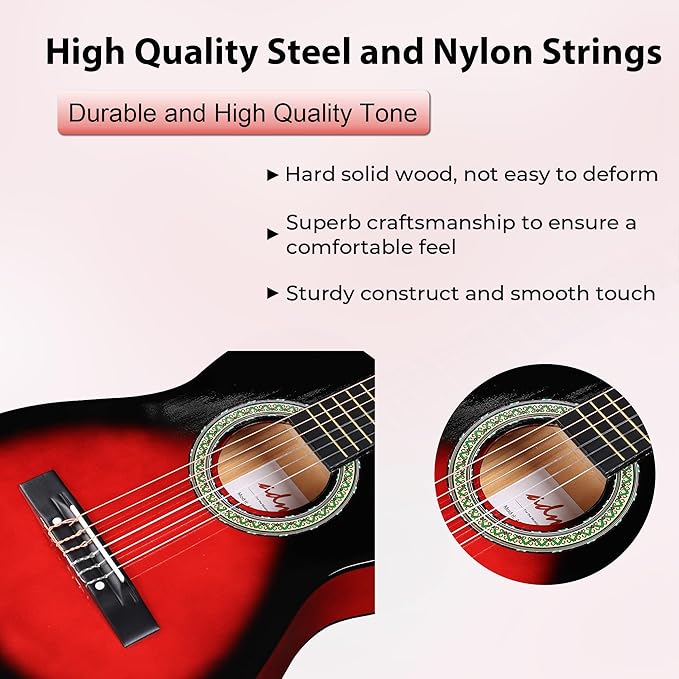 ADM Beginner Acoustic Classical Guitar Nylon Strings Wooden Guitar Bundle Kit for Kid Boy Girl Student Youth Guitarra Online Lessons with Gig Bag, Strap, Tuner, Strings, Picks (34 Inch, Redburst)