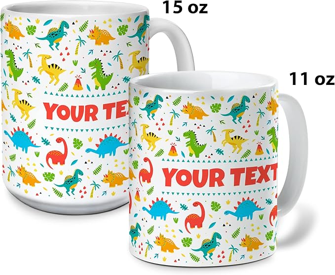 Personalized Mug for Kids - Dinosaurs - Custom Name/Text, Ceramic Hot Chocolate/Cocoa/Coffee Cup for Boys/Girls, Birthday/Christmas/Holiday Gift - 11 oz, Black Handle