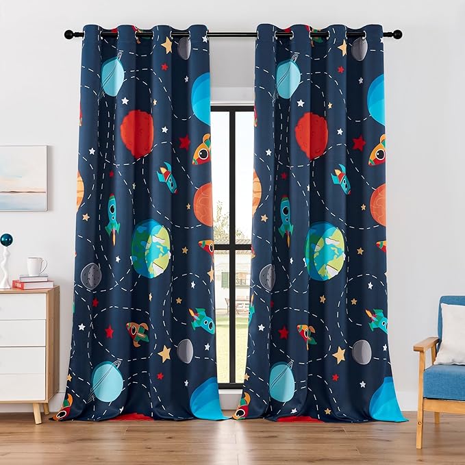 Kids Space Themed Blackout Curtains - 100% Blackout Perfect for Kids Room, Spark Kids Imagination with Vibrant Cosmos Designs, Noise Reduction, Thermal Insulated, (2 Panels W52×L96)