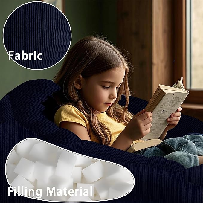Memory Foam Bean Bag Chairs for Teens or Kids with Filling Bean Bag Sofa with Handle Super Soft Washable Corduroy Fabric Lazy Sofa 3 Foot Blue