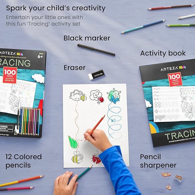 ARTEZA Kids Tracing Activity Book – 50 Double-Sided Sheets, Colored Pencils, Marker, Eraser & Sharpener – Art Kit for Ages 6 and Up