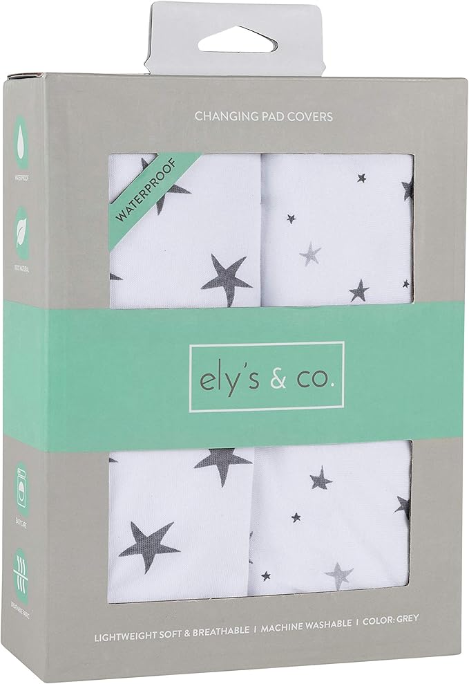 Ely’s & Co. Patent Pending Waterproof Changing Pad Cover|Cradle Sheet 2-Pack Set for Baby Boy - 100% Cotton, Jersey Knit Cotton Sheets with Waterproof Lining — Grey Stars