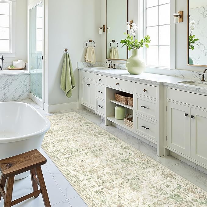 Green 2x6 Runner Rug for Hallways Bed Side Kitchen, Boho Washable Distressed Low-Pile Floor Entryway Long Bathroom Mat, Non-Slip Laundry Room Washstand Front Carpet Green 24x72 Inch