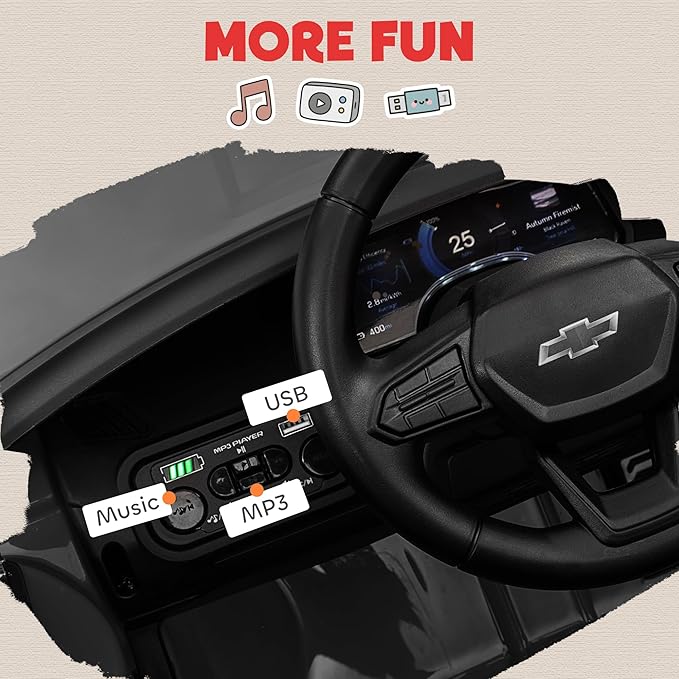 Qaba 12V Kids Ride on Truck, Chevrolet Silverado EV RST Licensed Electric Car with Parent Remote Control, Back Storage, Spring Suspension, Soft Start, Auxiliary Wheels, LED Lights, Music, MP3, Black