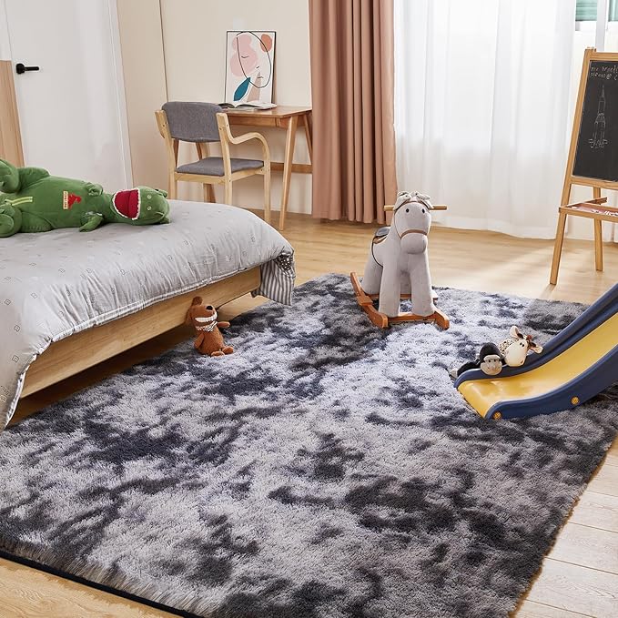 8x10 Fluffy Rugs for Living Room, Ultra Soft Plush Area Rug for Bedroom, Anti-Skid High Pile Indoor Carpet for Nursery, Kids Room, Playroom, Home Decoration, Tie-Dyed Dark Grey