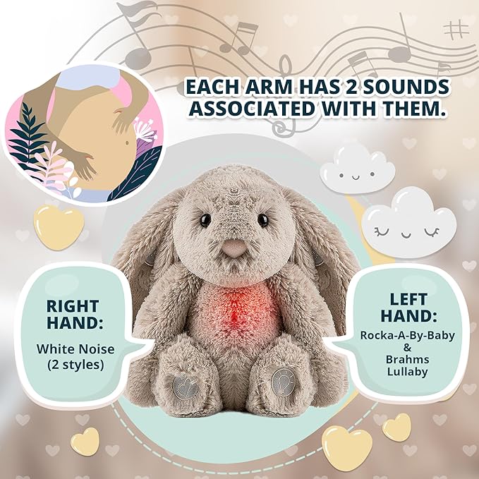 Gemma Joy Bedtime Baby Soothers for Sleep, Cry Activated Heartbeat Stuffed Animal for Baby, Newborn, Calming Light, Lullaby Music, White Noise, Shush and Mother’s Heartbeat - (Bunny, Rechargeable)