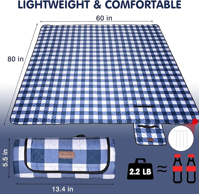 HX&OD Outdoor Picnic Blanket, Extra Large, 80''x60'' Waterproof Foldable Blankets Gingham Picnic Mat for Beach, Camping Grass Lawn Park Accessories Cute Couple Ideas Wedding (Blue, 80”x60”)