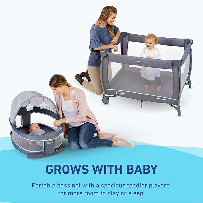 Graco Pack n Play Travel Dome DLX Playard, Astin with Portable Bassinet and Integrated Storage Organizer
