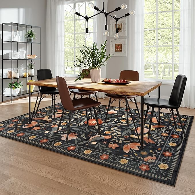 Moynesa Machine Washable 6x9 Area Rugs, Boho Bird Ultra Thin Living Room Rug Non Slip, Soft, Stain Resistant, Indoor Black Large Throw Carpet for Bedroom Office Dining Room Under Table