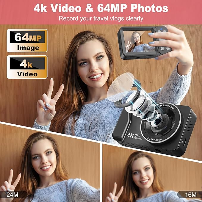 Digital Camera, 4K 64MP, 18X Zoom, Point and Shoot Digital Camera with 64GB TF Card & 2 Batteries, Portable Rechargeable Small Camera for Kids Teens Adult, Black