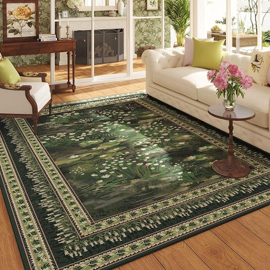 5x7 Area Rugs Impressionist-Style Vintage Washable Area Rug Non Slip Low Pile Large Rugs for Living Room Bedroom Farmhouse Dining Room Kids Playroom, Green
