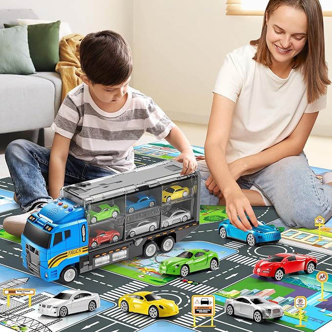 Toddler Boys Toys for 3 4 5 6 Years Old, Truck Vehicle Set with Play Mat and Die-Cast Toy Car, Transport Carrier Truck for Kids, Birthday Gifts Toys for 3 4 5 6 7 8+ Year Old Boys