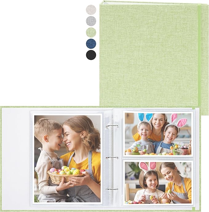 Vienrose Linen 3-Ring Photo Album Holds 250 Photos, 200 4x6 Photos and 50 6x8 Pictures, Picture Album with Multiple Size Pockets, Memory Book for Family Wedding Anniversary Baby, Green