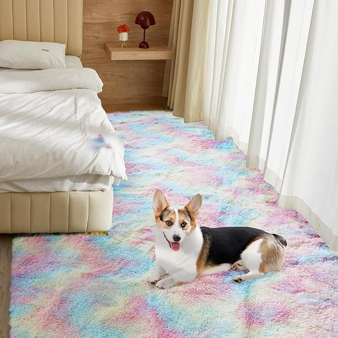 Ultra Soft Rug for Living Room, 3X5 Fluffy Shag Area Rug for Bedroom, Modern Shaggy Carpets Fuzzy Rug for Teens Dorm Nursery Home Decor Aesthetic, Upgrade Anti-Skid Durable, Rainbow
