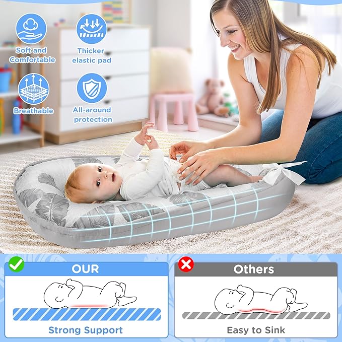 KISS GOLD Baby Lounger - Breathable Soft Cotton Cover Baby Lounger Nest, Babies Essentials Gifts, Portable Lounger for Baby Tummy Time Floor Playing Seated Support for Home and Travel