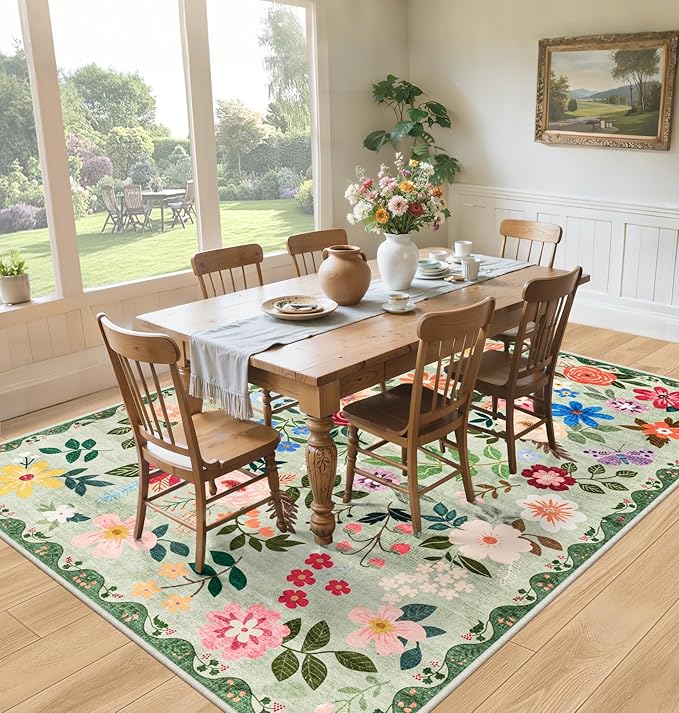 8x10 Area Rugs for Living Room: Floral Washable Rug Vintage Large Soft Boho Non-Slip Carpet Indoor Stain Resistant Low Pile Carpets for Bedroom Dining Room Farmhouse Nursery Hallway Home Office Green