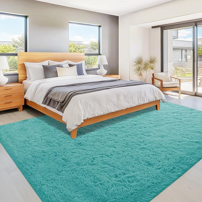 8x10 Area Rug for Living Room: Fluffy Shag Soft Washable Rugs Large Fuzzy Plush Indoor Carpet for Bedroom Nursery Playroom Kids Girls Boys Room (Teal Blue, 8'x10')