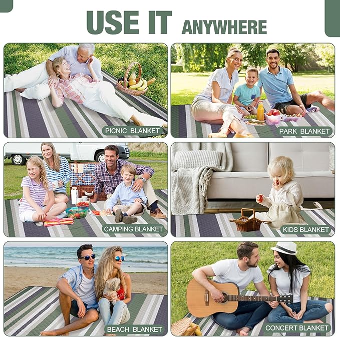 Picnic Blankets Outdoor Extra Large - 80"x80" Portable Waterproof Picnic Blanket, Machine Washable 3-Layer Foldable Picnic Mat with Sandproof Backing for Grass, Park, Hiking, Concerts (GreenStrip)