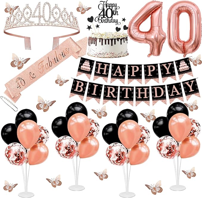 40th Birthday Decorations for Women - 56pcs Rose Gold Happy 40th Banner, 40th Birthday Crown Sash, Cake Topper, Number 40 balloons, 3D Butterflies, 4 Balloon Stands kits