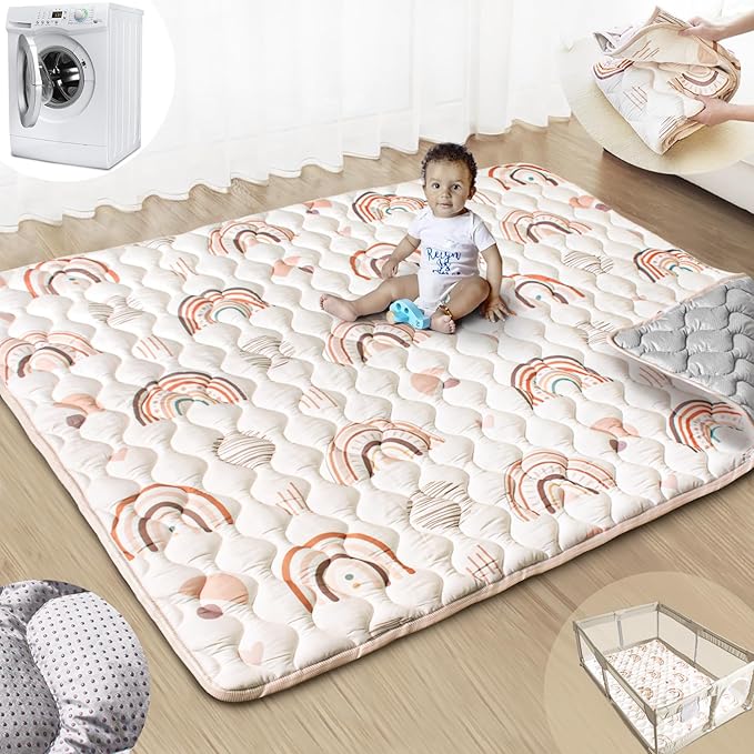 Baby Play Mats for Floor, 71”x59” Upgraded Thickness & Larger Super Soft Playmat for Babies and Toddlers, Foldable Washable, Upgrade Anti-Slip Crawling Mat for Playpen(Boho Rainbow)